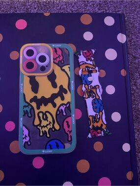 Lucky Brand Yellow Dripping Smiley Phone Case & matching watch band